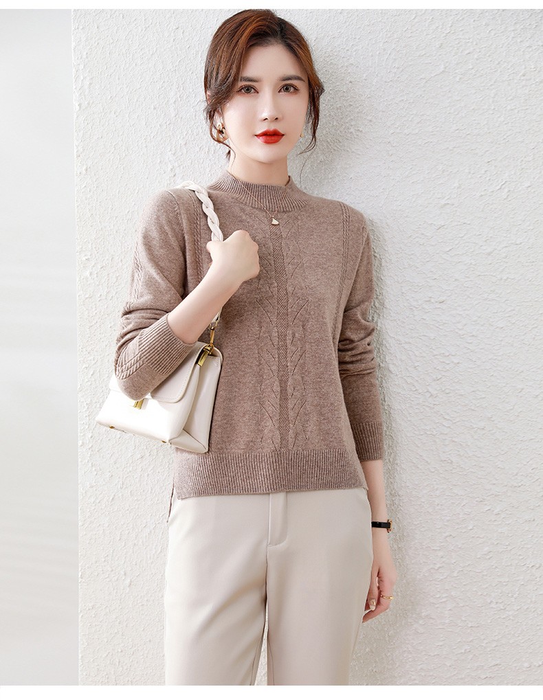 法贝莎品牌羊毛衫女复古纯色针织打底衫2021秋冬新款女士毛衣驼色3xl