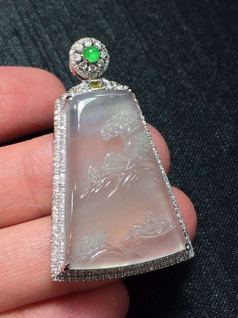 玉佳佳高冰山水牌翡翠吊坠18k金镶嵌女款送礼玉坠珠宝项链挂件整体