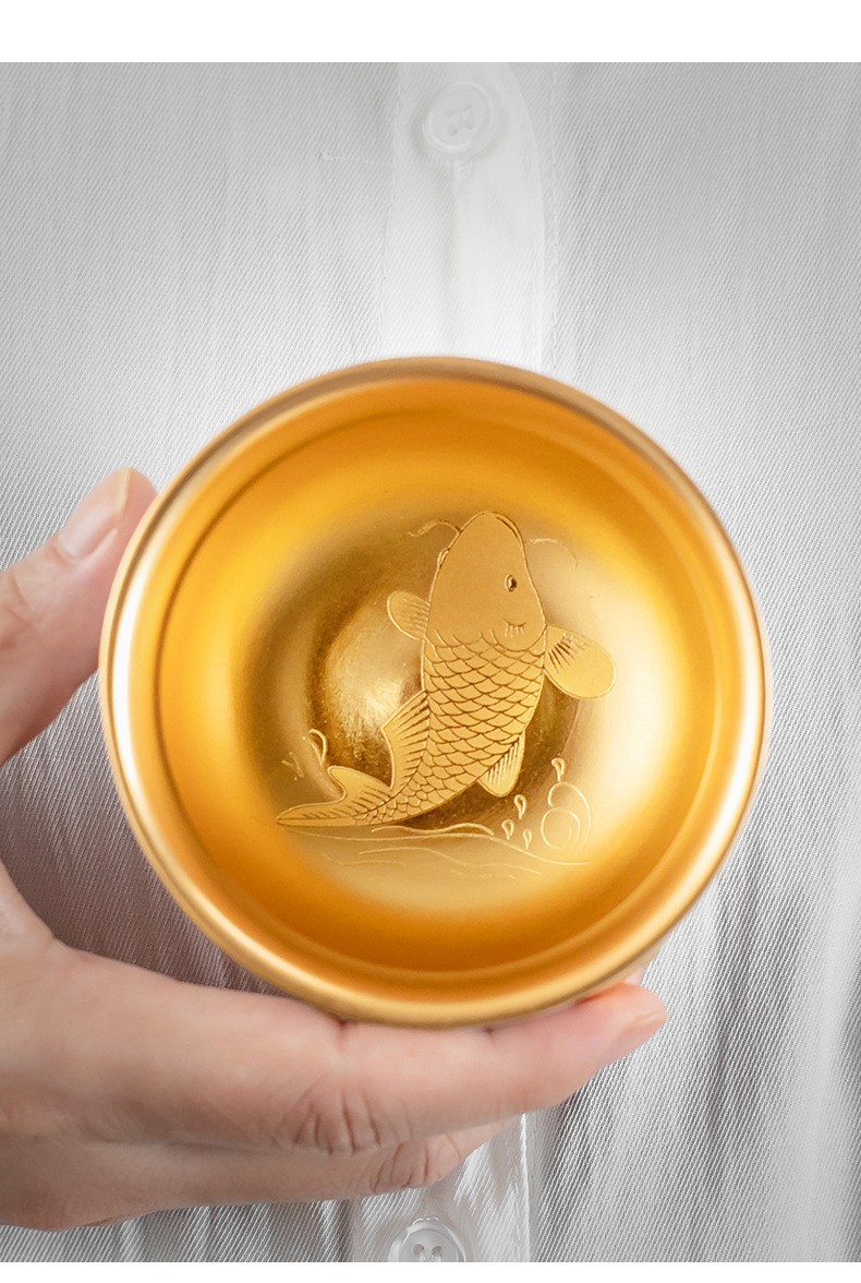 羊脂玉瓷黄金盏杯陶瓷功夫茶具纯手工鎏金主人杯单杯金鸡杯一叶知秋