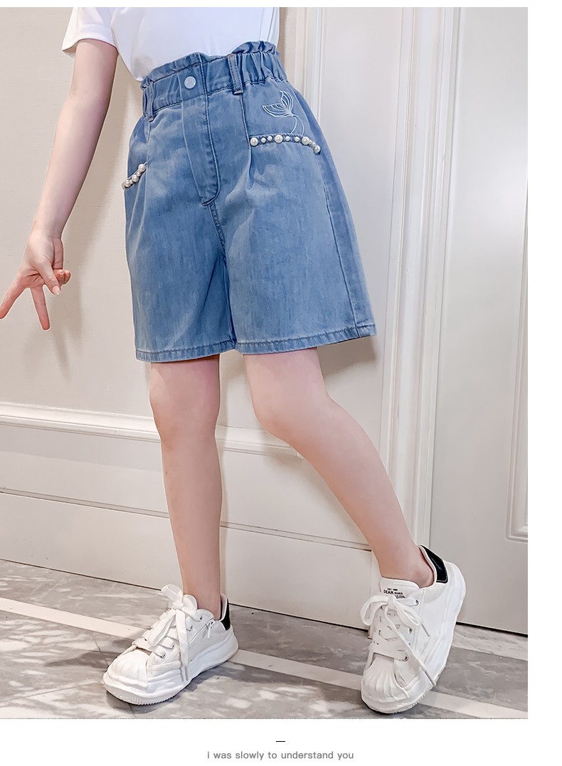 牛仔裤夏季五分裤女学生洋气公主装百搭外穿裤314岁口袋珍珠短裤160
