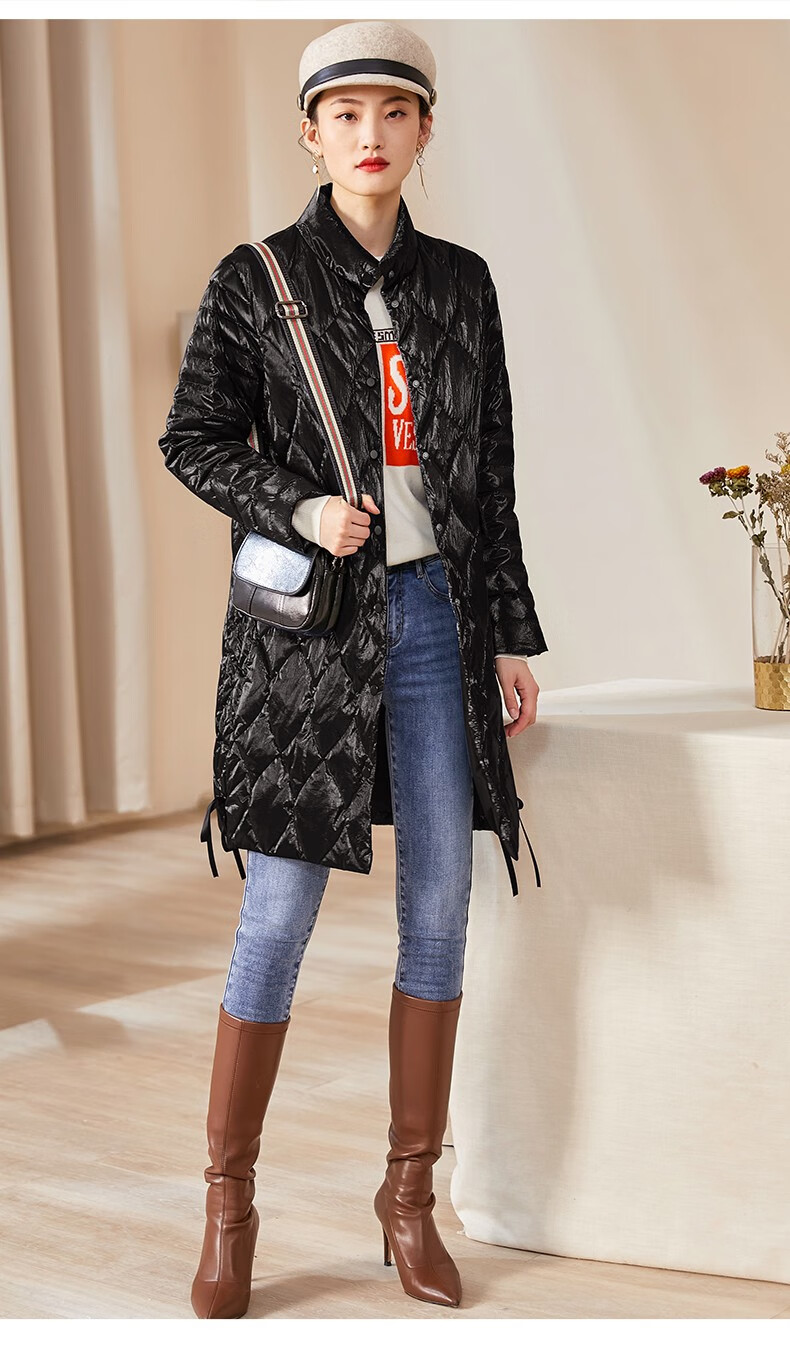 珂曼苏品牌服饰女装2021冬装新款时尚菱格纹亮面羽绒服中长款白鸭绒