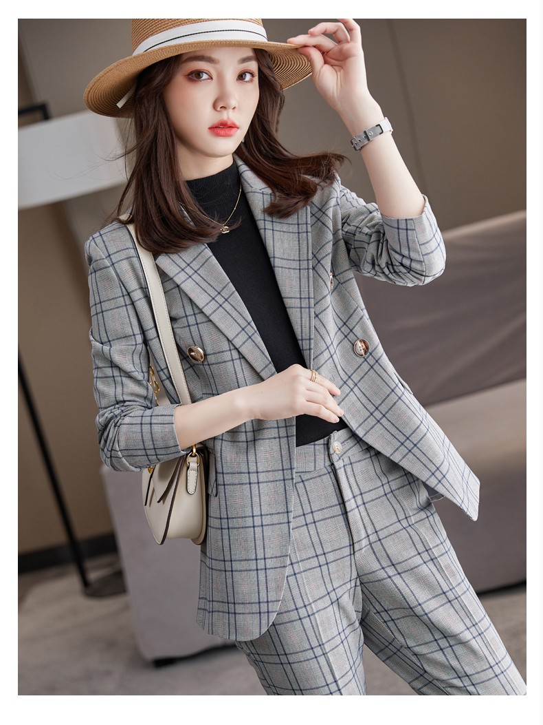 套装女2021年秋季新款职业气质女神范工作服西服外套蓝格西装裤3xl