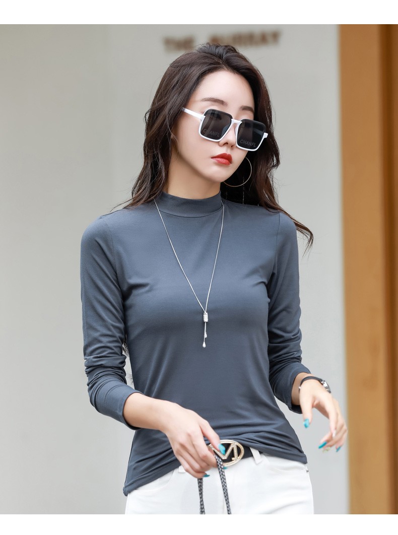 岑薇秋装新款上衣女修身长袖t恤半高领打底衫百搭显瘦秋衣女外穿小衫
