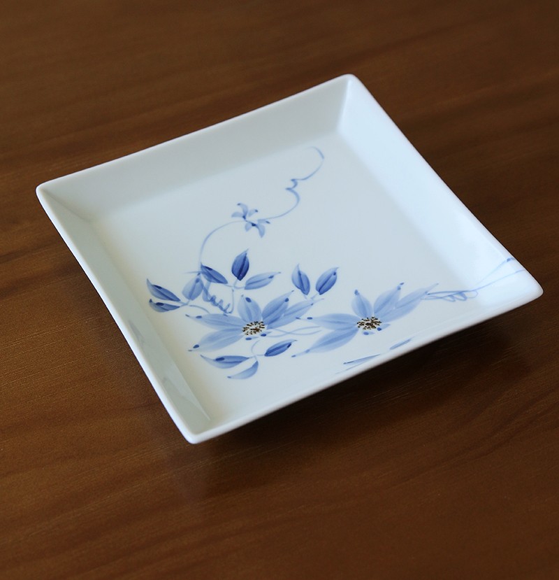 北野工坊手绘染付花草纹方盘大盘盘子礼盒手工餐具手绘方盘2个装