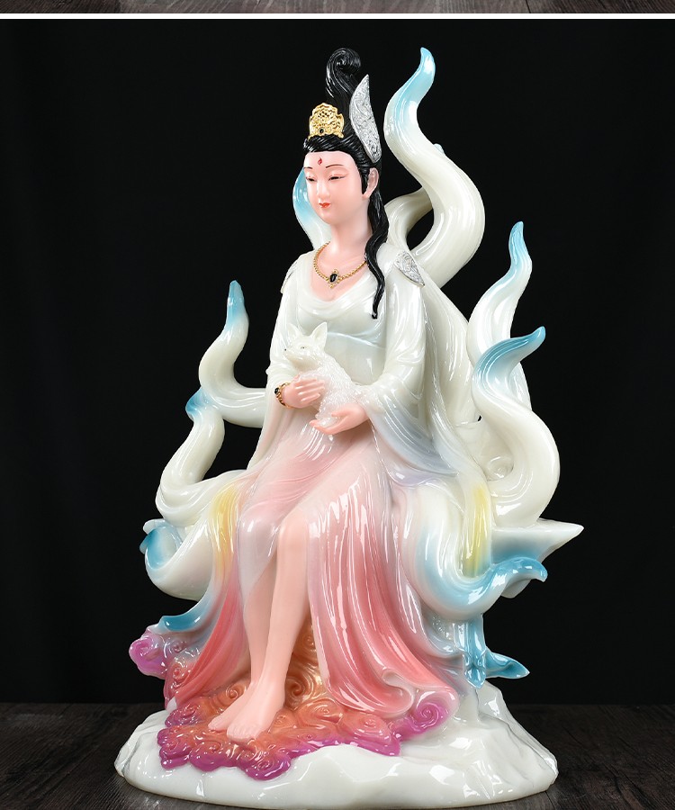 梵泽福 汉白玉九尾狐仙家用狐仙娘娘神像 九尾狐佛像居家供奉摆件工艺