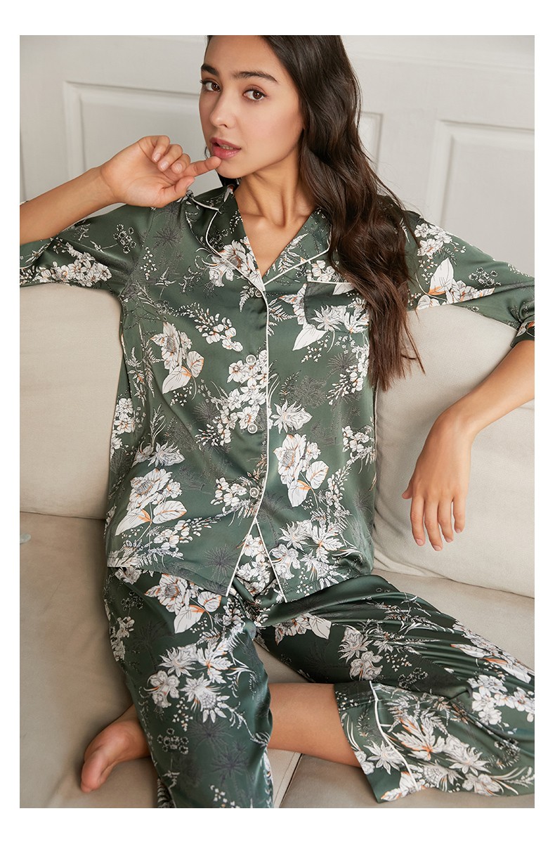 mybody睡衣女长袖睡衣睡裤墨绿色印花高级家居服套装2022春季新款ds10