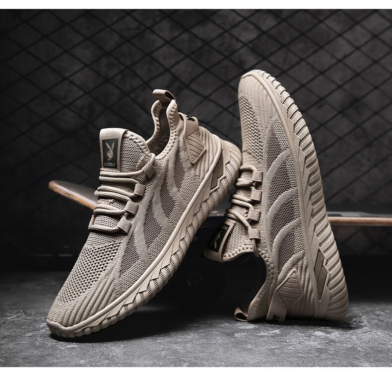 花花公子(playboy)网面透气椰子鞋男中青年浅口圆头系带轻盈飞织跑步