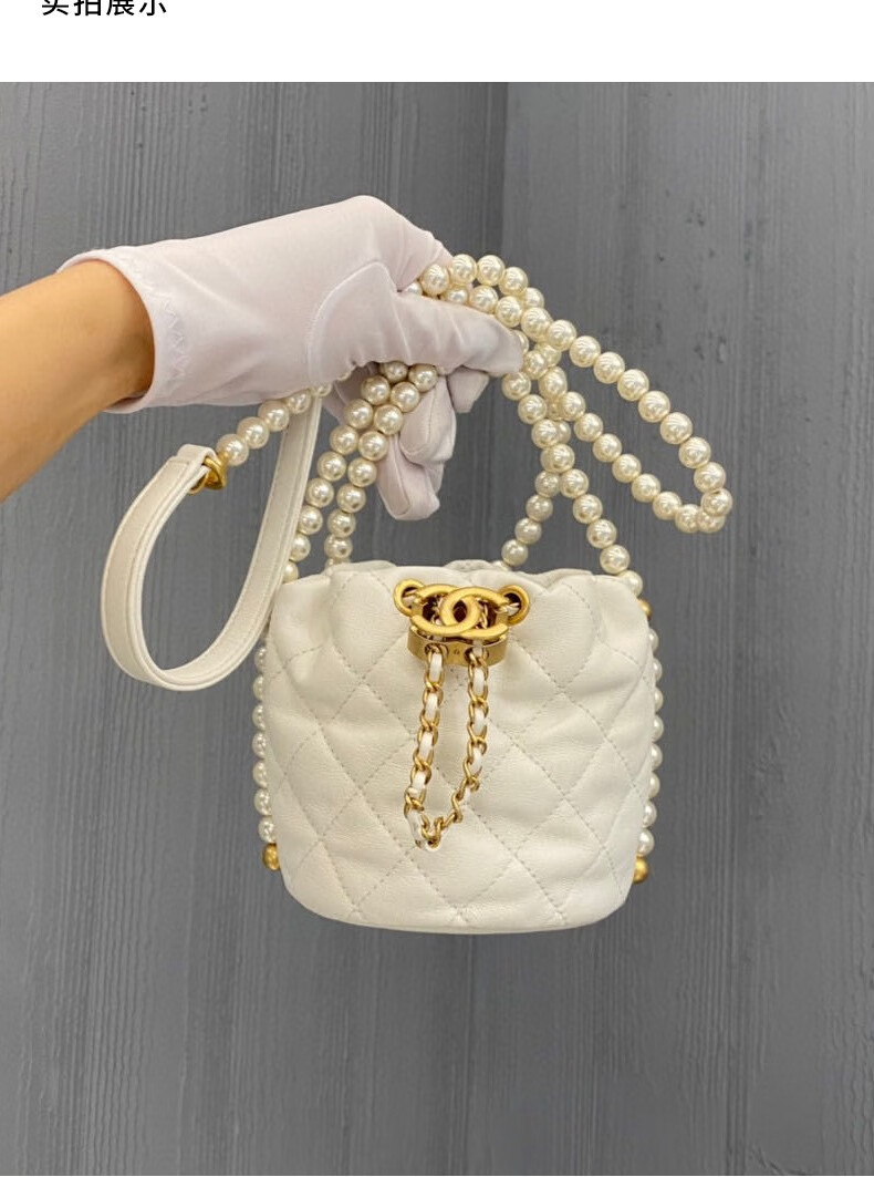 二手95新香奈儿白色珍珠水桶包mini号小牛皮金扣31开尺寸111111