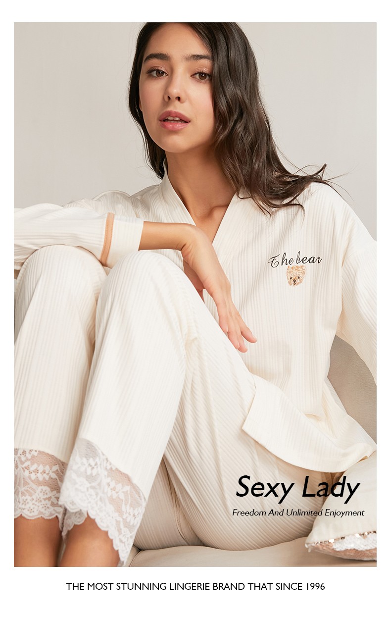 mybody睡衣女情侣睡衣秋冬纯棉女士睡衣睡裤套装长袖长裤和风领休闲