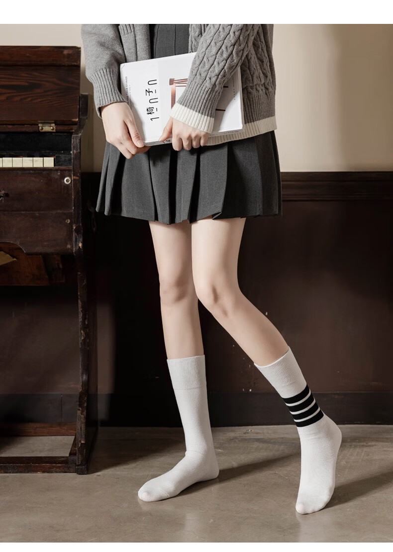 尔晏袜子女中筒袜女秋季黑色jk压力袜条纹学院风提耳棉中筒袜混色3双