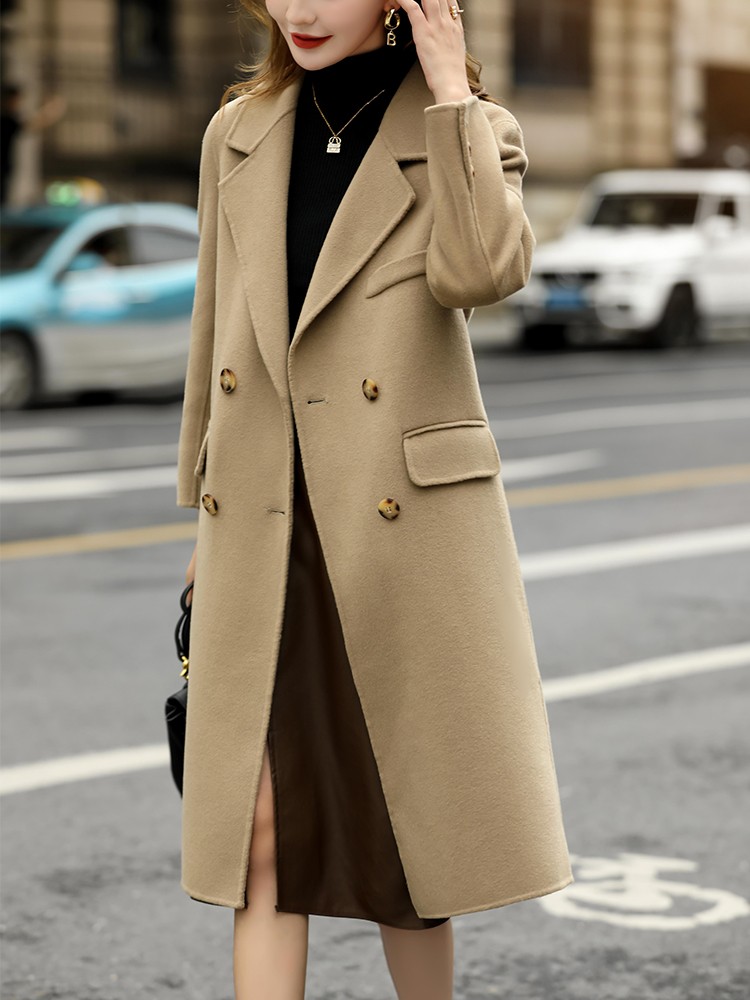 kaisifu品牌双面羊绒大衣女2021年冬季新款可可色中长款西装领气质