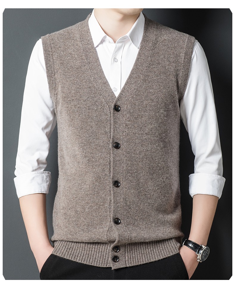 鄂尔多市产纯羊绒开衫背心男装秋冬马甲v领扣子加厚款保暖男士商务