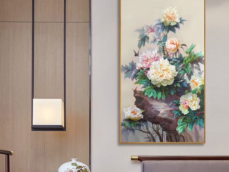 鸢苏精品手绘油画现代简约富贵牡丹花挂画新中式客厅装饰画餐厅玄关