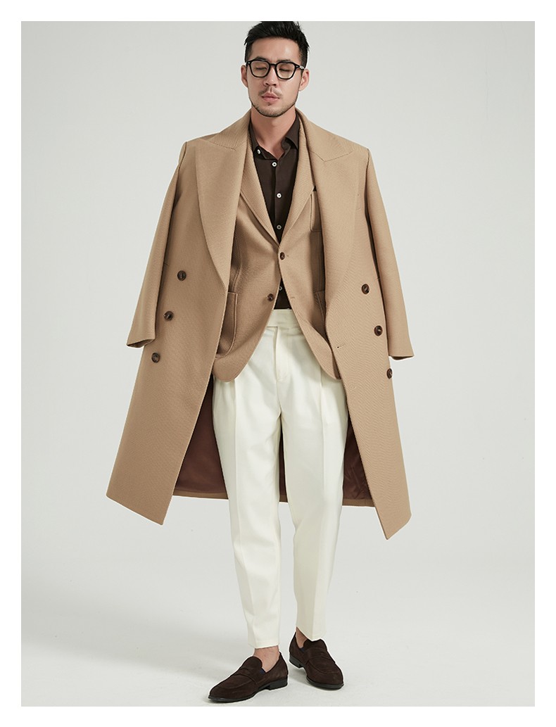 facecity高定限量斜纹戗驳领羊毛大衣男生秋冬新款中长款呢子外套