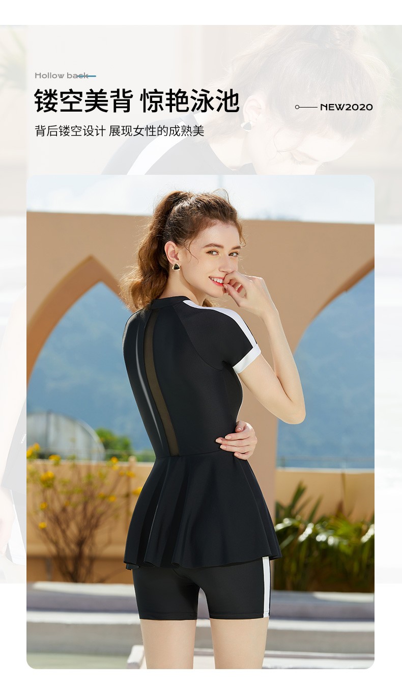 英发泳衣女保守裙式连体安全平角前胸拉链修身显瘦温泉女士游泳衣黑色