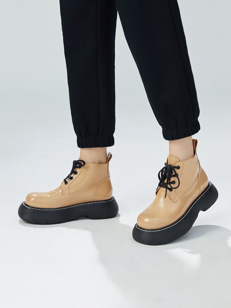 哥弟女鞋新款大头厚底绑带中帮英伦风大头德比鞋女靴短靴ax15144黑34