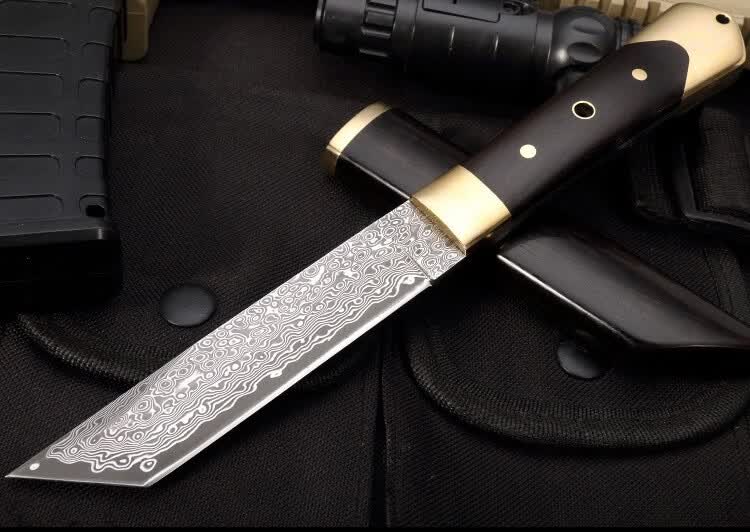 解析者军刀户外刀具大马士革钢折叠锻打刀手工开刃黄铜手柄高硬度野外