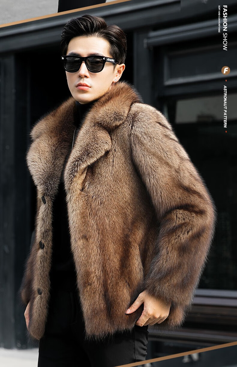 诗柏美 进口渔貂整貂皮草男士天鹅绒进口裘皮西装领中长款潮流保暖