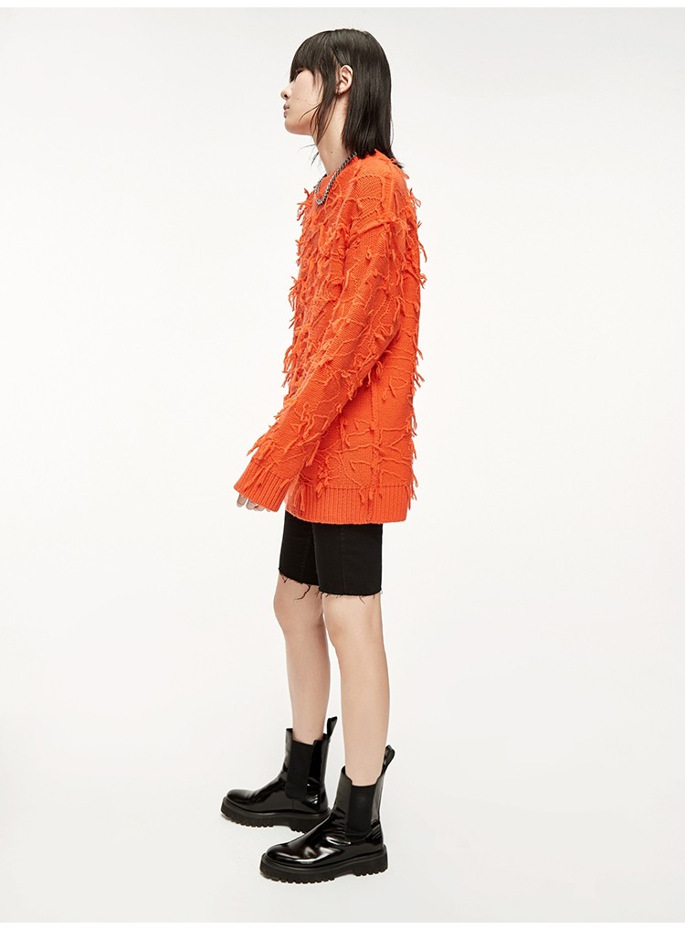 moco冬季新品澳洲美丽诺羊毛偏长流苏针织毛衫上衣外穿女摩安珂黑色xs