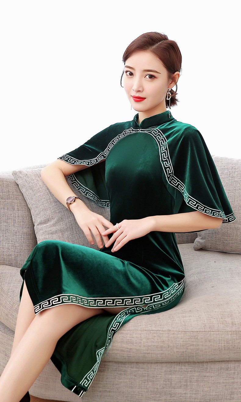 连衣裙旗袍中老年妈妈婚礼旗袍年轻款中国风高端名媛气质金丝绒连衣裙