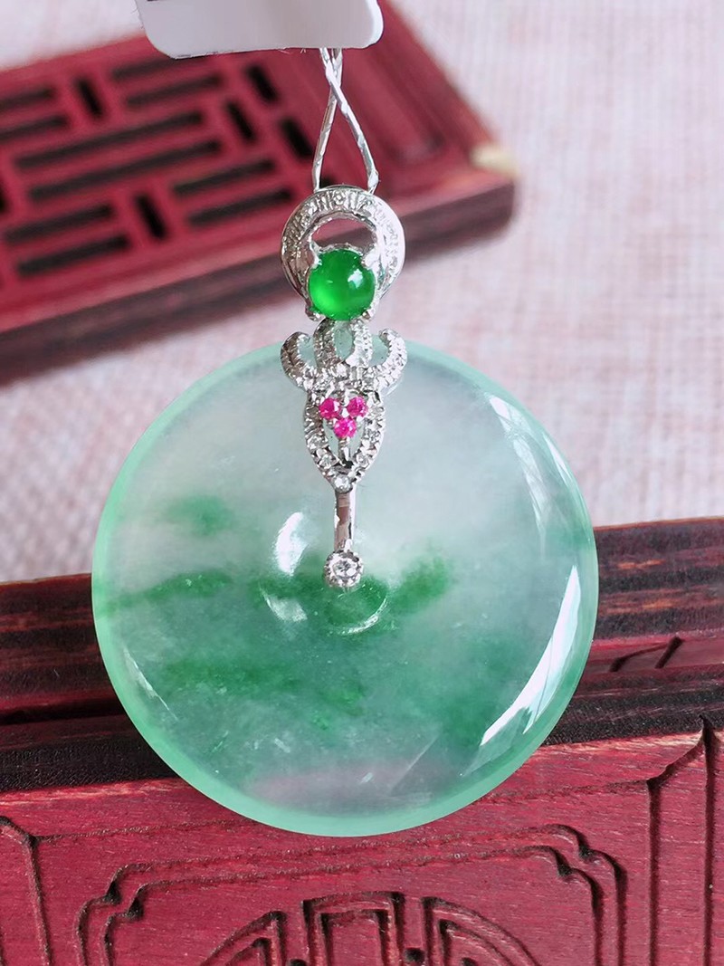 慈心缘 冰飘花平安扣吊坠 冰种翡翠18k金镶钻缅甸天然a货玉石珠宝送礼