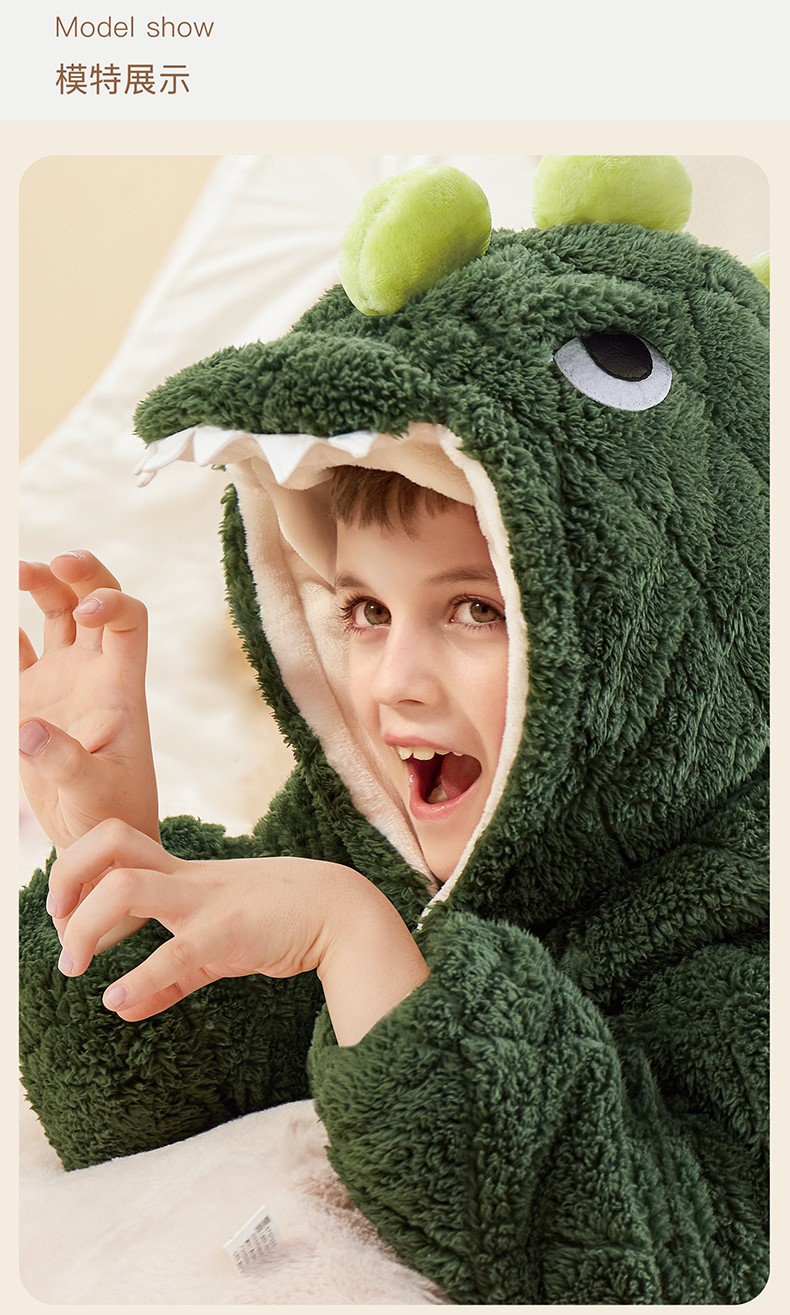 恐龙睡衣儿童珊瑚绒套装男童加厚法兰绒冬季加绒宝宝造型家居中童奶凶