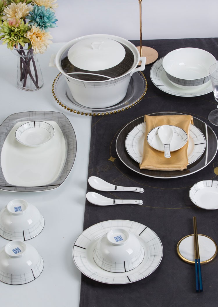 索优特景德镇现代中式陶瓷餐具家用66件套装新款套装幻金黑线简约碗盘