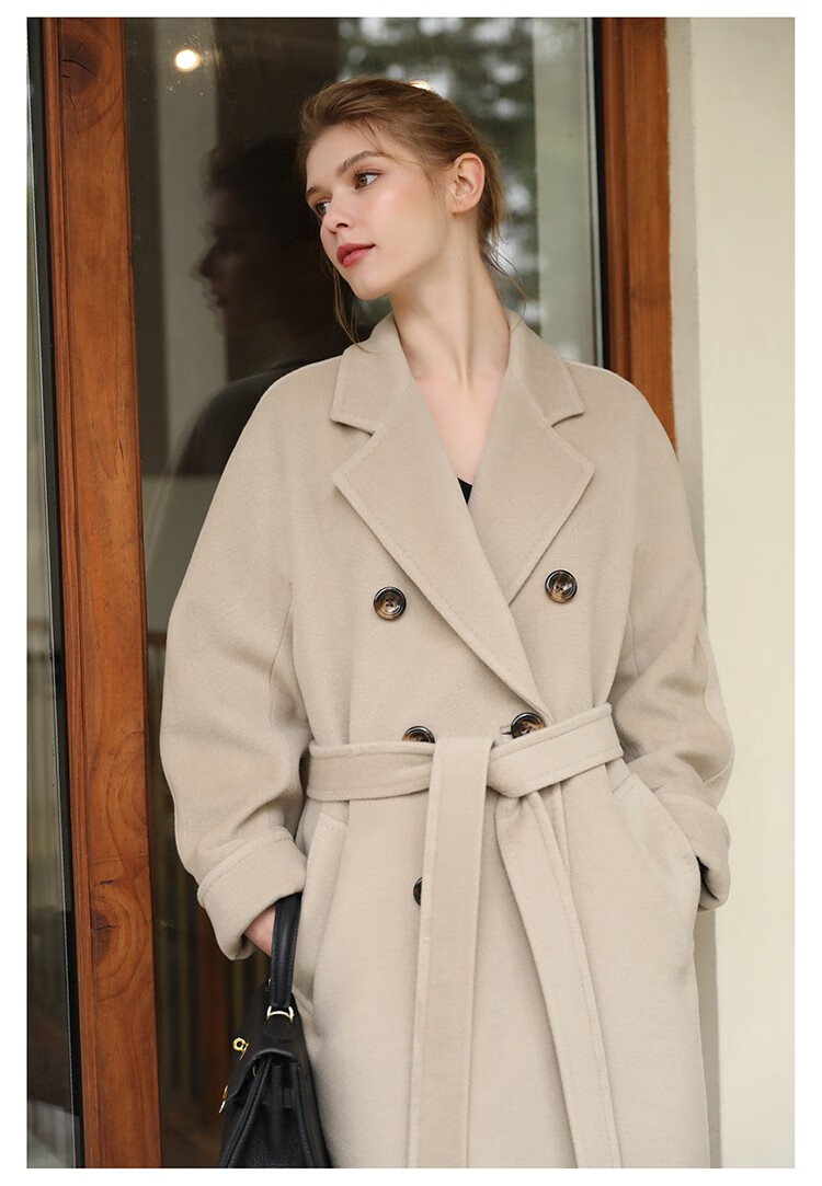 瑟俐品牌米色高端双面羊绒大衣女中长款2022新款赫本风羊毛呢外套冬