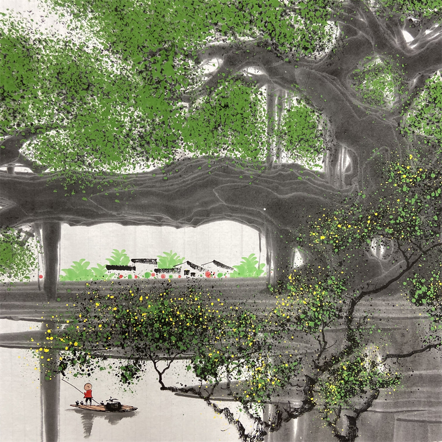 融通四海大榕树画榕乡风情水墨篆刻画国画字画纯手绘装饰画张临光