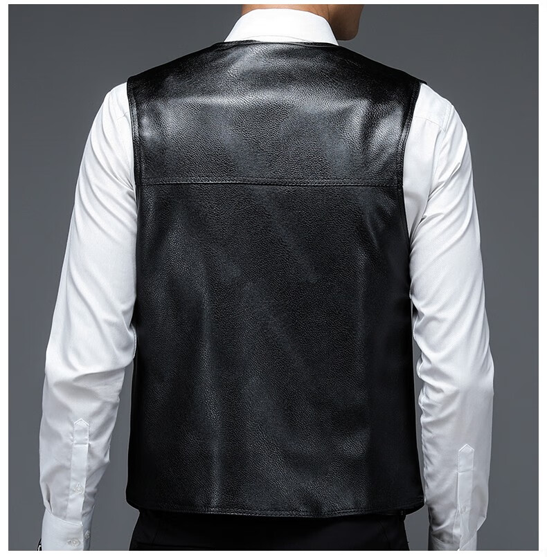稻草人秋冬季皮马甲男加绒加厚中老年爸爸背心男士皮坎肩爷爷外套黑色