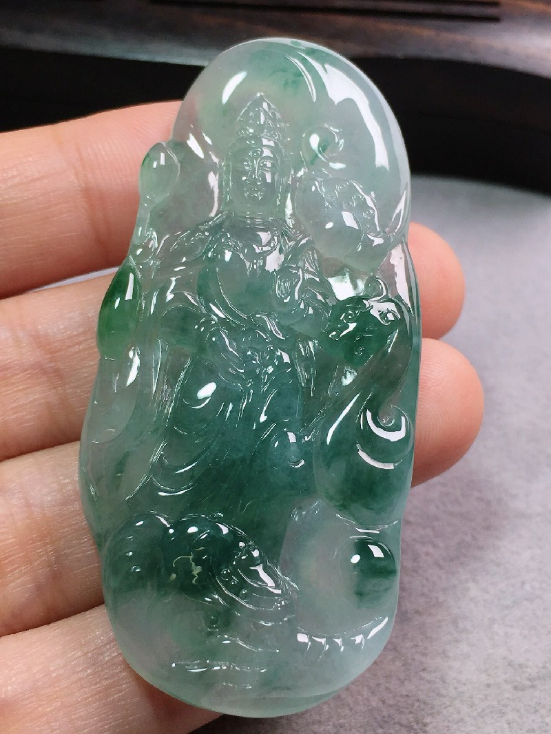 绿翠天成 翡翠冰种飘花普贤菩萨吊坠 缅甸a货翡翠送礼送老公生日礼物