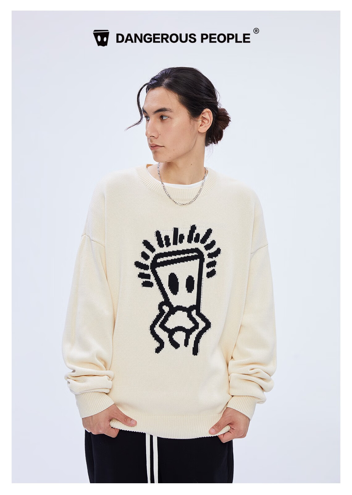 薛之谦dsp托头纸袋人套头毛衣宽松慵懒情侣针织衫 白色 l【图片 价格