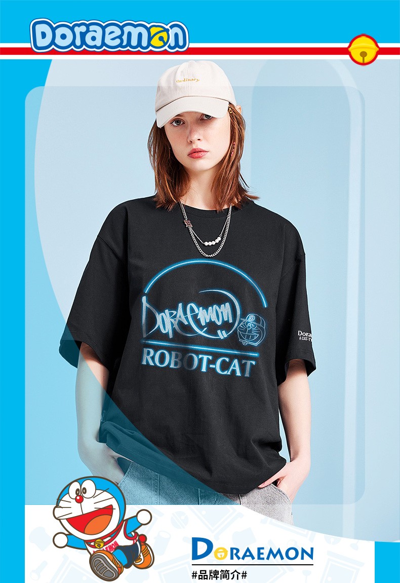 doraemon哆啦a梦虚幻光线涂鸦字母印花宽松休闲短袖t恤男女同款本白s