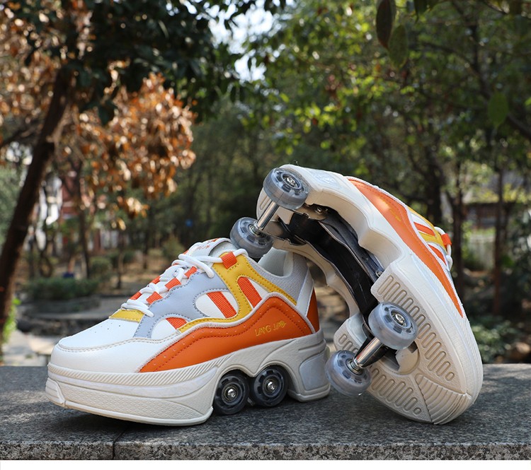 网红爆走轮滑鞋四轮隐形带轮子的轱辘鞋溜冰暴走鞋抖音多功能变形鞋