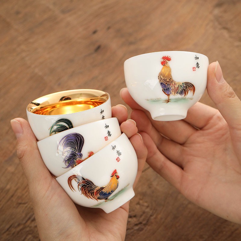 touchmiss茶杯主人杯金鸡杯24k金单杯白瓷公鸡品茗杯镶金茶盏鸡缸杯