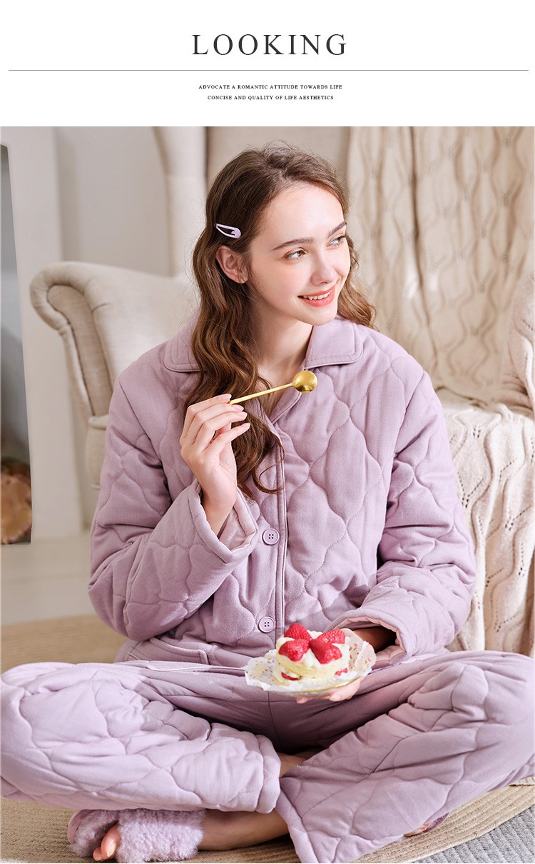 美标三层加厚保暖夹棉睡衣套装女秋冬全棉质休闲可外穿纯棉家居服鸢尾