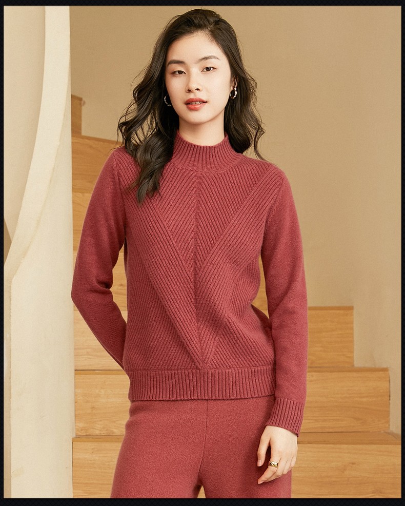 戈林斯丹2021秋冬新品女时尚抽条加厚保暖纯羊绒套衫 qmz420 红鸢色
