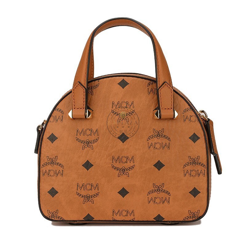 mcm女包经典款女士干邑色logo图案essential系列迷你半月形手提单肩斜