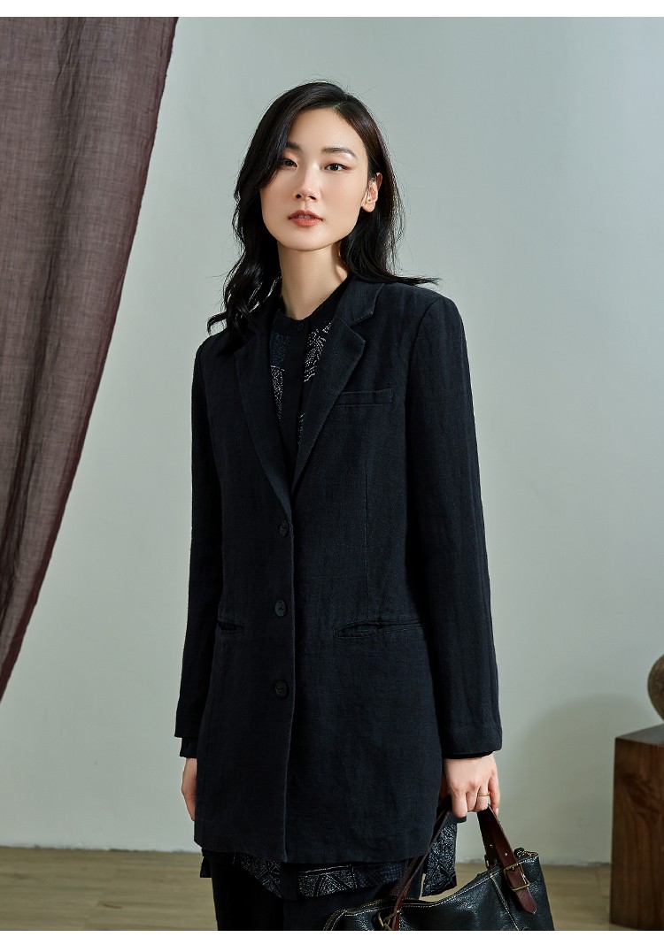 全亚麻减龄中长款西装 qtu早秋蓝黑色显瘦高级感西服w3397z 蓝黑色 xl