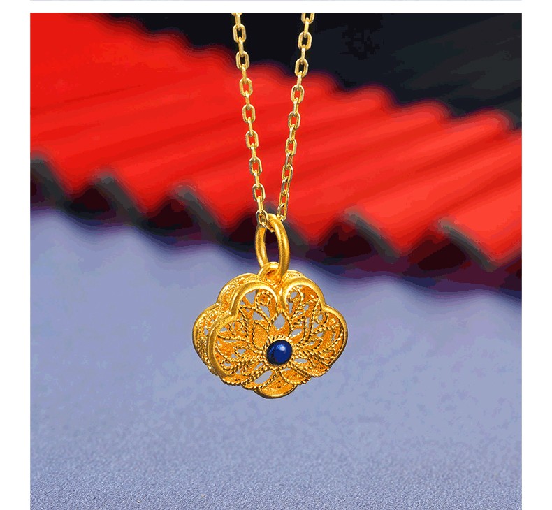 荟萃楼珠宝黄金吊坠足金999挂坠古法金项链坠莲花金坠子配银项链约206