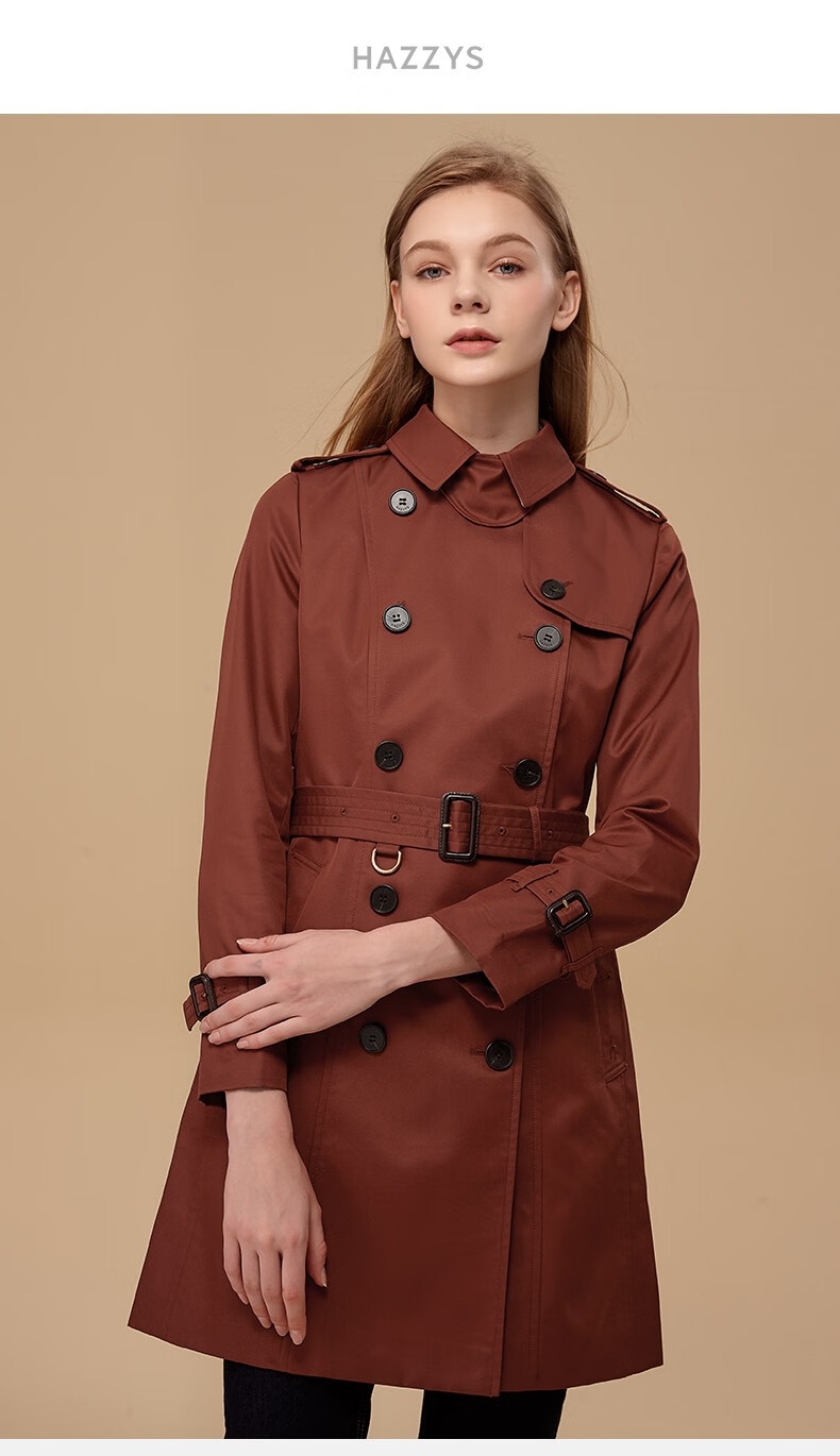 商场同款哈吉斯hazzys秋季新款风衣女经典中长款双排扣风衣aswsh00ch