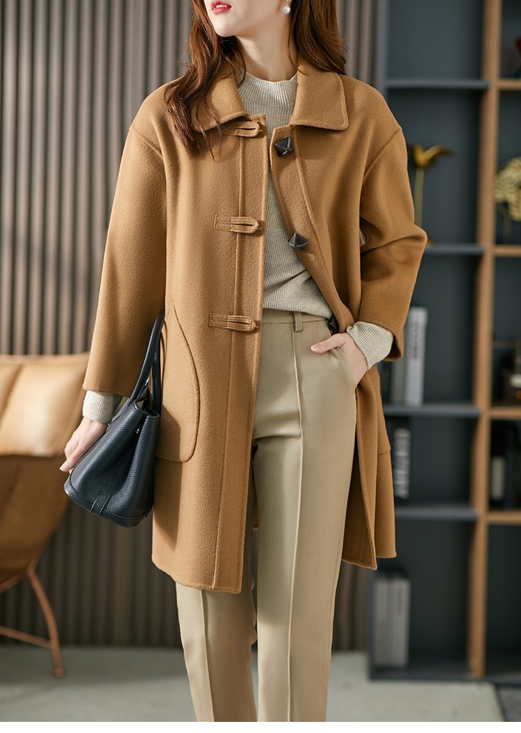 卡丝拉狄cathyladi毛呢大衣牛角扣双面毛呢外套女中长款秋冬新款韩版