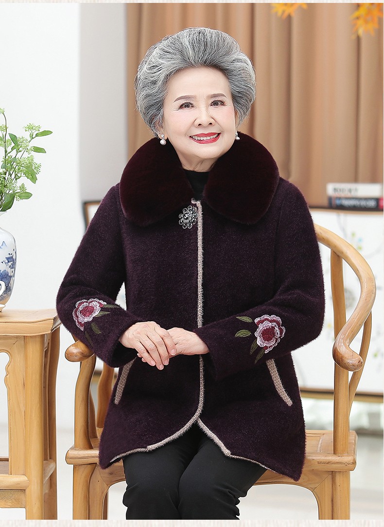 爱雅妈雅中老年人女奶奶冬装加绒加厚外套607080岁太太保暖上衣紫色