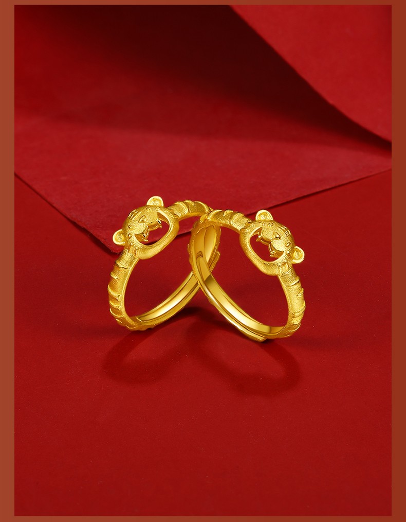 老虎黄金戒指女款3d硬金本命年生肖虎头戒子萌虎戒可调节金约33g34g