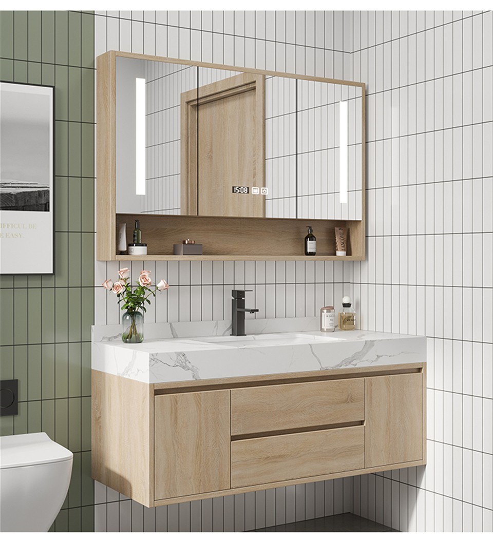 珊迩度北欧岩板一体盆浴室柜组合免拉手轻奢实木智能镜柜灰色双盆洗脸