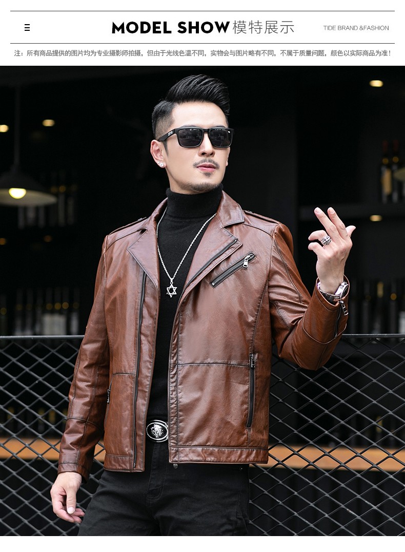 克思士高档品牌男装油蜡头层小牛皮真皮皮衣男2021秋冬新款短款机车皮
