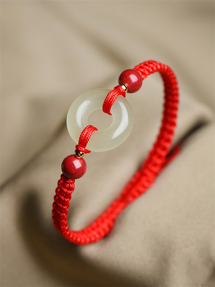 宝佩 和田玉平安扣手绳手链本命年红绳平安玉石情侣生日礼物男女礼品