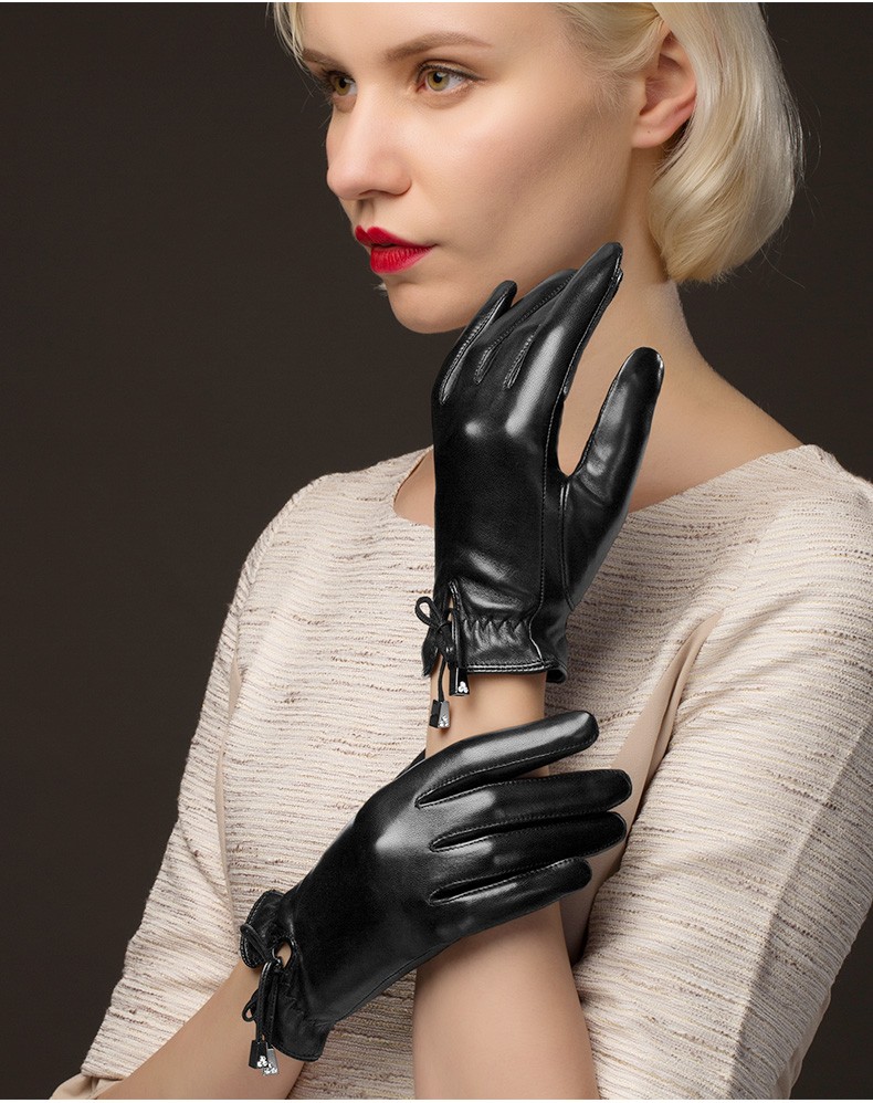 muurceer品牌女士真皮手套女绵羊皮加绒加厚触屏皮手套黑色分指皮户外