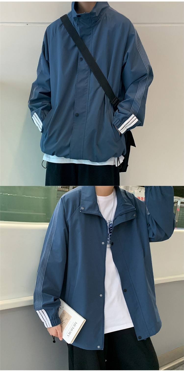 港风三条杠条纹夹克男秋装新款加肥加大码潮流宽松运动服立领外套蓝色
