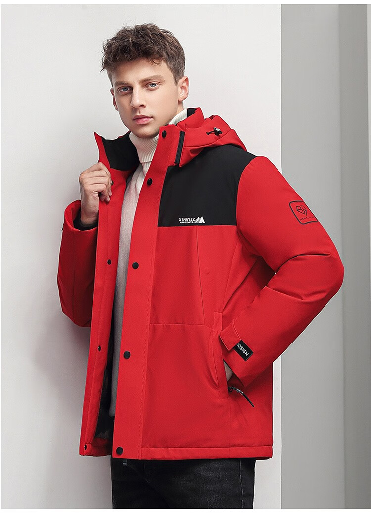 美国保罗羽绒服男中长款连帽白鸭绒中年加厚保暖户外羽绒外套 红色(可